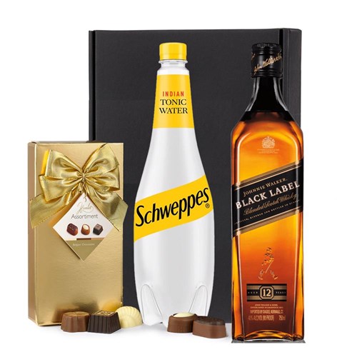 Johnnie Walker Black Label Whisky with Schweppes Tonic & Chocolates Gift Box | Spirit Mixer Set